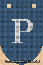A simulated image of the stitched needlepoint design: Banner 13m Rounded P White on Blue. Not A.I. generated.