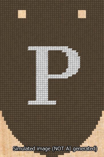 A simulated image of the stitched needlepoint design: Banner 13m Rounded P White on Brown. Not A.I. generated.