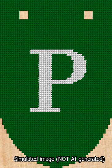 A simulated image of the stitched needlepoint design: Banner 13m Rounded P White on Green. Not A.I. generated.