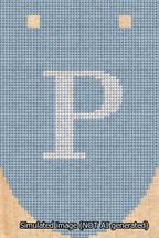 A simulated image of the stitched needlepoint design: Banner 13m Rounded P White on Light Blue. Not A.I. generated.