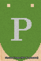 A simulated image of the stitched needlepoint design: Banner 13m Rounded P White on Light Green. Not A.I. generated.