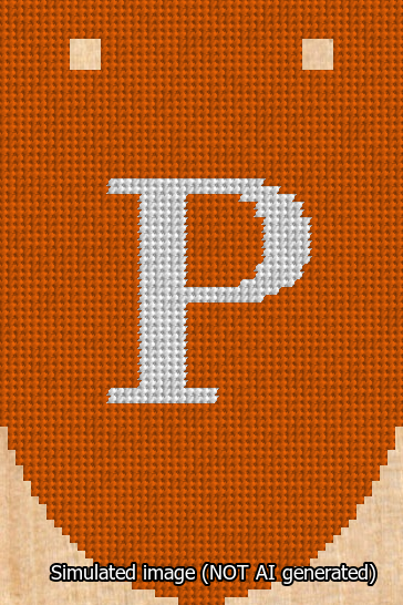 A simulated image of the stitched needlepoint design: Banner 13m Rounded P White on Orange. Not A.I. generated.