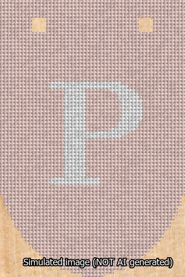 A simulated image of the stitched needlepoint design: Banner 13m Rounded P White on Pink. Not A.I. generated.