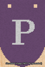 A simulated image of the stitched needlepoint design: Banner 13m Rounded P White on Purple. Not A.I. generated.
