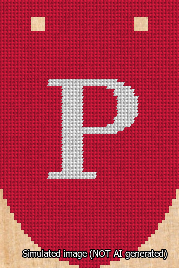 A simulated image of the stitched needlepoint design: Banner 13m Rounded P White on Red. Not A.I. generated.