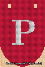 A simulated image of the stitched needlepoint design: Banner 13m Rounded P White on Red. Not A.I. generated.