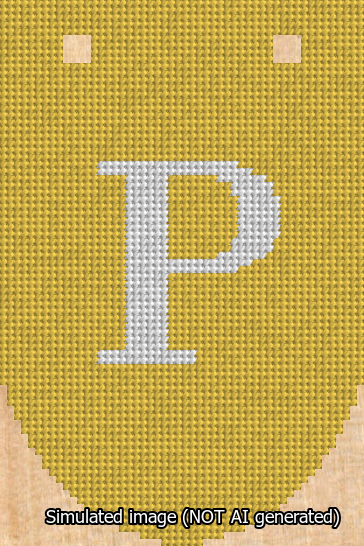 A simulated image of the stitched needlepoint design: Banner 13m Rounded P White on Yellow. Not A.I. generated.