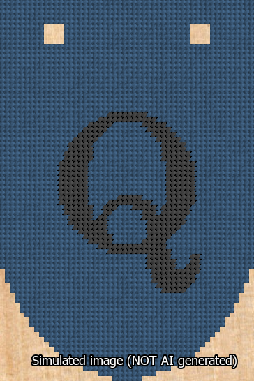 A simulated image of the stitched needlepoint design: Banner 13m Rounded Q Black on Blue. Not A.I. generated.