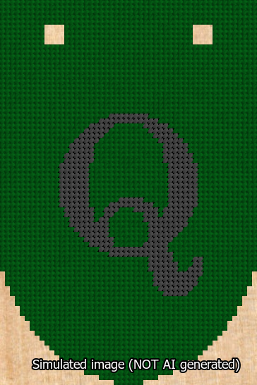 A simulated image of the stitched needlepoint design: Banner 13m Rounded Q Black on Green. Not A.I. generated.