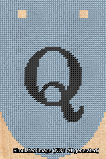 A simulated image of the stitched needlepoint design: Banner 13m Rounded Q Black on Light Blue. Not A.I. generated.