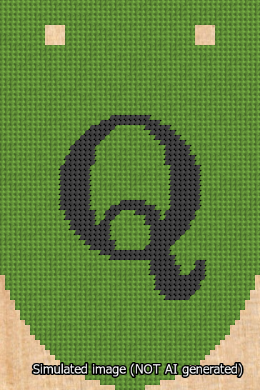 A simulated image of the stitched needlepoint design: Banner 13m Rounded Q Black on Light Green. Not A.I. generated.