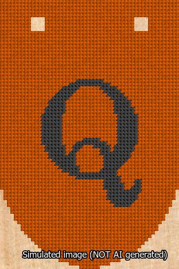 A simulated image of the stitched needlepoint design: Banner 13m Rounded Q Black on Orange. Not A.I. generated.