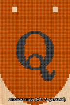 A simulated image of the stitched needlepoint design: Banner 13m Rounded Q Black on Orange. Not A.I. generated.