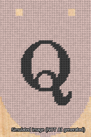 A simulated image of the stitched needlepoint design: Banner 13m Rounded Q Black on Pink. Not A.I. generated.
