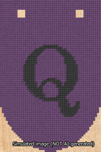 A simulated image of the stitched needlepoint design: Banner 13m Rounded Q Black on Purple. Not A.I. generated.