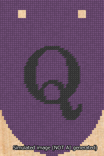 A simulated image of the stitched needlepoint design: Banner 13m Rounded Q Black on Purple. Not A.I. generated.
