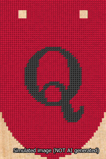 A simulated image of the stitched needlepoint design: Banner 13m Rounded Q Black on Red. Not A.I. generated.