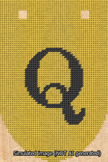 A simulated image of the stitched needlepoint design: Banner 13m Rounded Q Black on Yellow. Not A.I. generated.