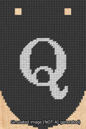A simulated image of the stitched needlepoint design: Banner 13m Rounded Q White on Black. Not A.I. generated.
