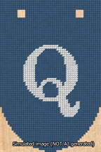 A simulated image of the stitched needlepoint design: Banner 13m Rounded Q White on Blue. Not A.I. generated.