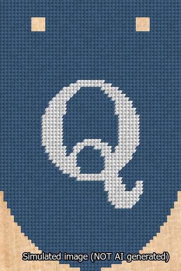 A simulated image of the stitched needlepoint design: Banner 13m Rounded Q White on Blue. Not A.I. generated.