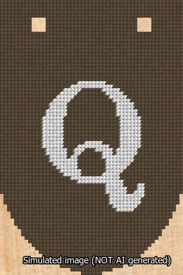 A simulated image of the stitched needlepoint design: Banner 13m Rounded Q White on Brown. Not A.I. generated.