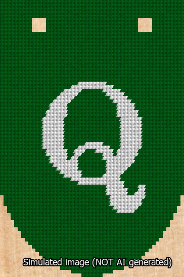 A simulated image of the stitched needlepoint design: Banner 13m Rounded Q White on Green. Not A.I. generated.