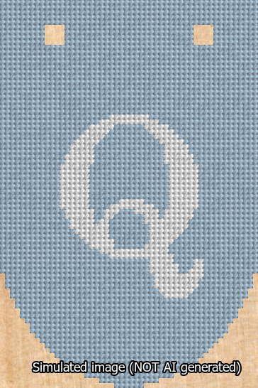 A simulated image of the stitched needlepoint design: Banner 13m Rounded Q White on Light Blue. Not A.I. generated.