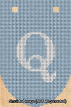 A simulated image of the stitched needlepoint design: Banner 13m Rounded Q White on Light Blue. Not A.I. generated.