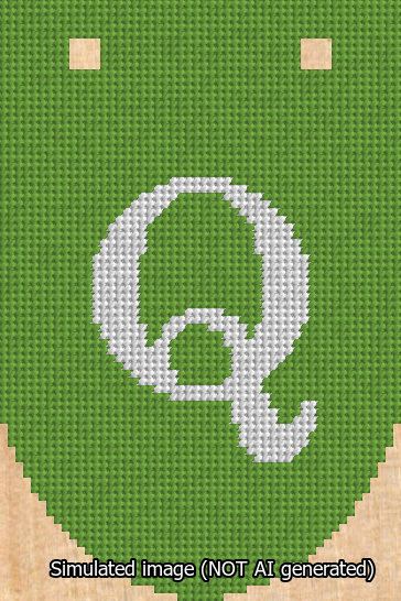 A simulated image of the stitched needlepoint design: Banner 13m Rounded Q White on Light Green. Not A.I. generated.