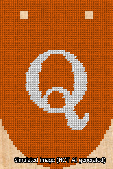 A simulated image of the stitched needlepoint design: Banner 13m Rounded Q White on Orange. Not A.I. generated.