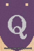 A simulated image of the stitched needlepoint design: Banner 13m Rounded Q White on Purple. Not A.I. generated.