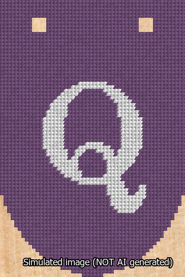 A simulated image of the stitched needlepoint design: Banner 13m Rounded Q White on Purple. Not A.I. generated.