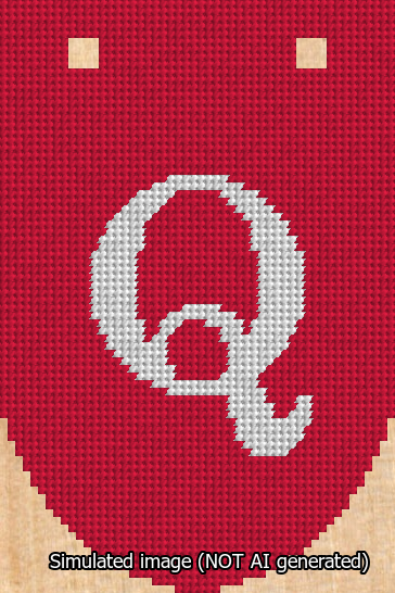 A simulated image of the stitched needlepoint design: Banner 13m Rounded Q White on Red. Not A.I. generated.