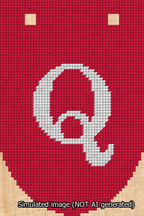 A simulated image of the stitched needlepoint design: Banner 13m Rounded Q White on Red. Not A.I. generated.