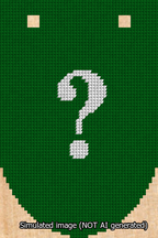 A simulated image of the stitched needlepoint design: Banner 13m Rounded Question White on Green. Not A.I. generated.