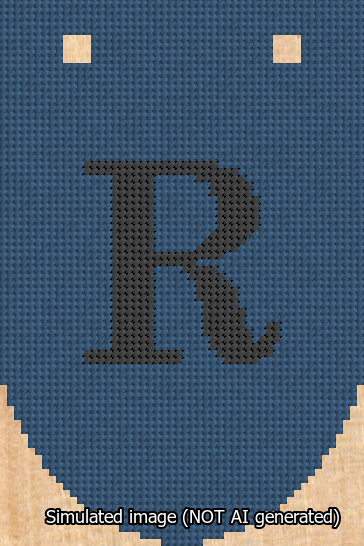 A simulated image of the stitched needlepoint design: Banner 13m Rounded R Black on Blue. Not A.I. generated.
