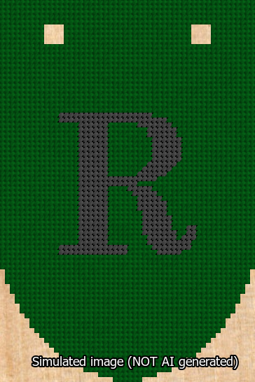 A simulated image of the stitched needlepoint design: Banner 13m Rounded R Black on Green. Not A.I. generated.