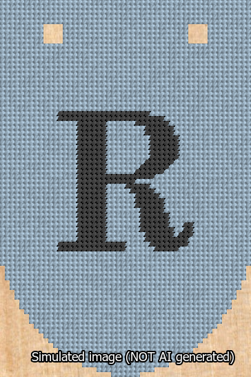 A simulated image of the stitched needlepoint design: Banner 13m Rounded R Black on Light Blue. Not A.I. generated.