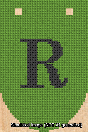 A simulated image of the stitched needlepoint design: Banner 13m Rounded R Black on Light Green. Not A.I. generated.