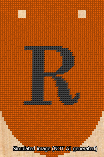A simulated image of the stitched needlepoint design: Banner 13m Rounded R Black on Orange. Not A.I. generated.