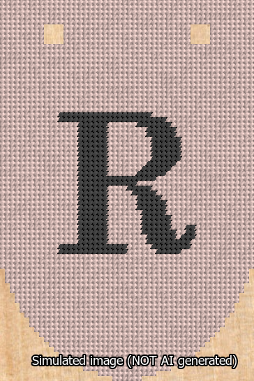 A simulated image of the stitched needlepoint design: Banner 13m Rounded R Black on Pink. Not A.I. generated.