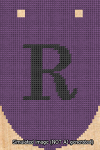 A simulated image of the stitched needlepoint design: Banner 13m Rounded R Black on Purple. Not A.I. generated.