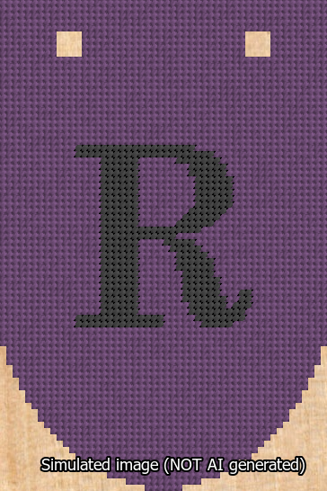 A simulated image of the stitched needlepoint design: Banner 13m Rounded R Black on Purple. Not A.I. generated.