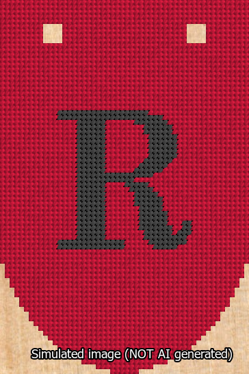 A simulated image of the stitched needlepoint design: Banner 13m Rounded R Black on Red. Not A.I. generated.