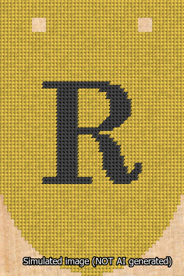 A simulated image of the stitched needlepoint design: Banner 13m Rounded R Black on Yellow. Not A.I. generated.