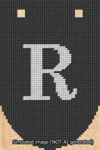A simulated image of the stitched needlepoint design: Banner 13m Rounded R White on Black. Not A.I. generated.