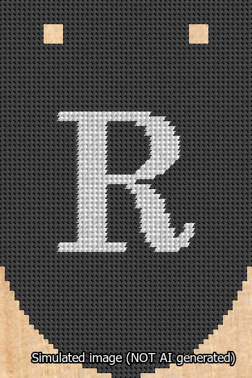 A simulated image of the stitched needlepoint design: Banner 13m Rounded R White on Black. Not A.I. generated.
