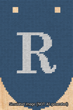 A simulated image of the stitched needlepoint design: Banner 13m Rounded R White on Blue. Not A.I. generated.