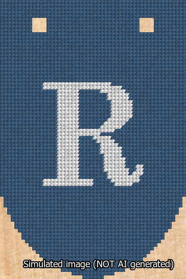 A simulated image of the stitched needlepoint design: Banner 13m Rounded R White on Blue. Not A.I. generated.